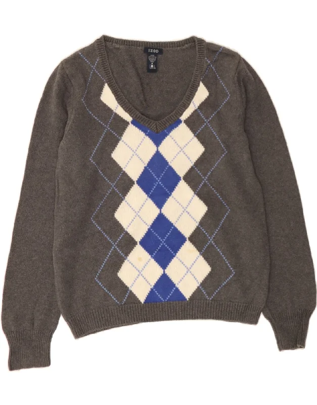Best Seller IZOD Womens V-Neck Jumper Sweater UK 14 Medium Grey Argyle/Diamond Cotton