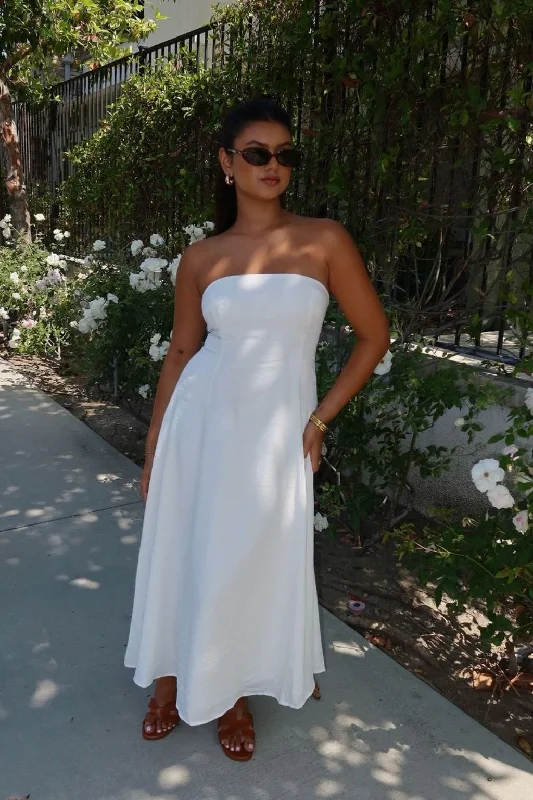 Online Only Rhodes White Linen Strapless Midi Dress
