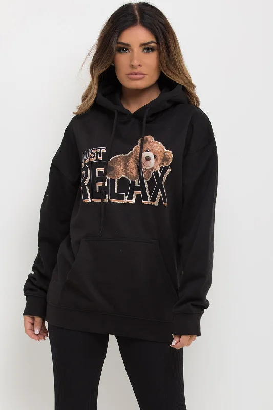 Mega Deal Just Relax Slogan Oversized Hoodie With Teddy Print Black