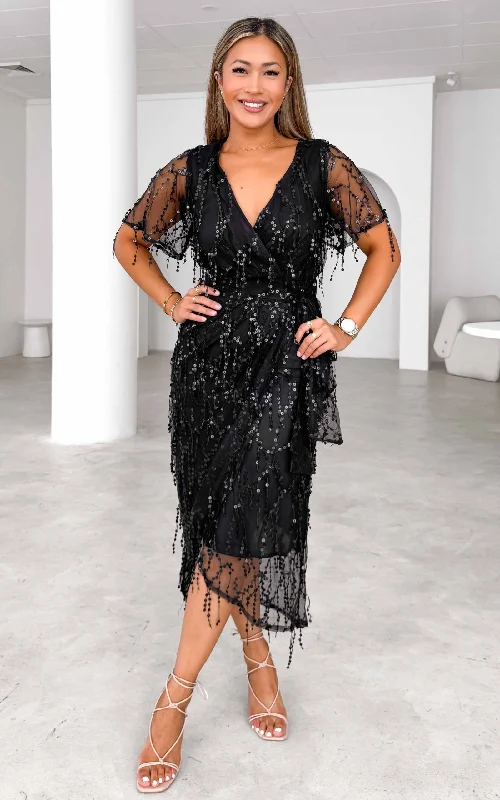 Early Access Fireworks Sequin Midi Dress - Black