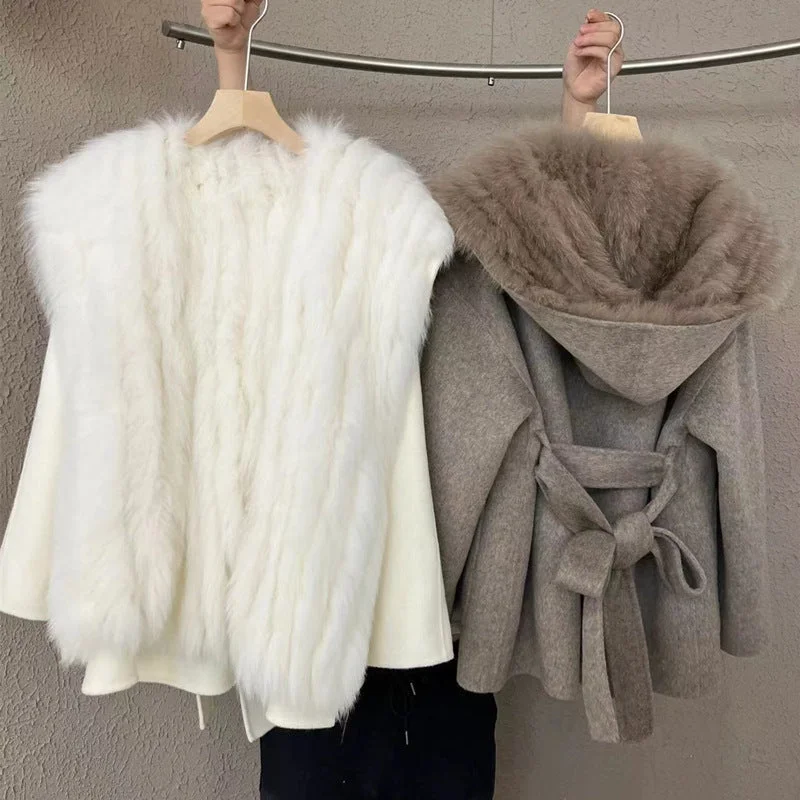 Markdowns New Fox Fur Fur Coat One-piece Three-Wear Mid-Length Double-sided Wool Coat
