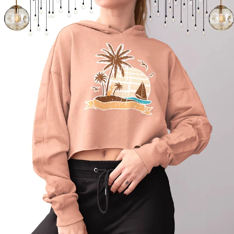Deal Explosion Retro Beach Print Graphic Crop Hoodie for Women, lioness-love