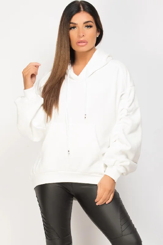Weekend Special Ruched Sleeve Oversized Hoodie Off White