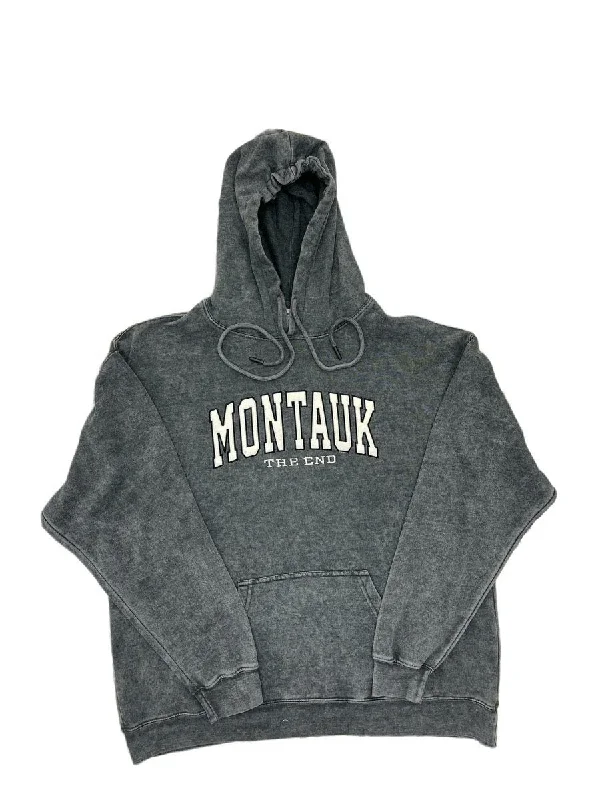 Year-End Clearance Adult Unisex Hooded Pullover with Embroidered Montauk The End in Denim Black