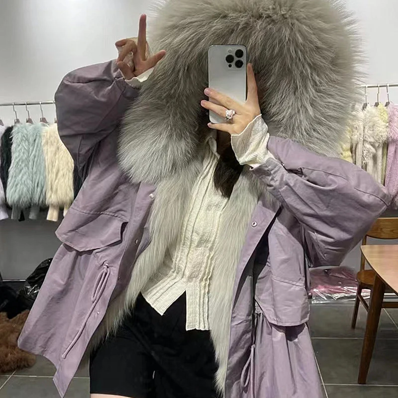 Seasonal Sale Removable Real Fur Female Rex Rabbit Fur Liner Raccoon Large Fur Collar Light Fur Jacket Seasonal Sale Removable Real Fur Female Rex Rabbit Fur Liner Raccoon Large Fur Collar Light Fur Jacket