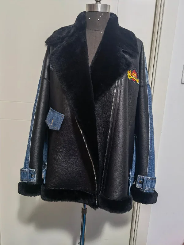 Final Clearance Fur integrated denim motorcycle jacket women's denim down jacket