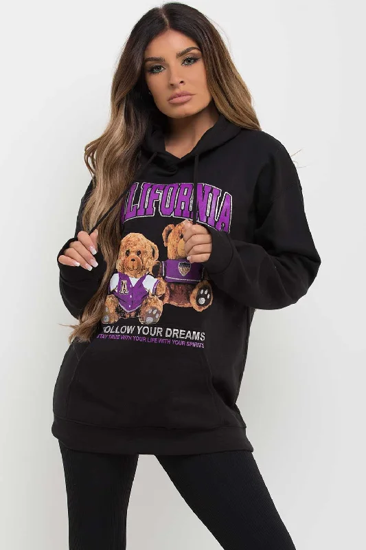 Blowout Sale Black Oversized Hoodie With Teddy Bear California Graphic Print