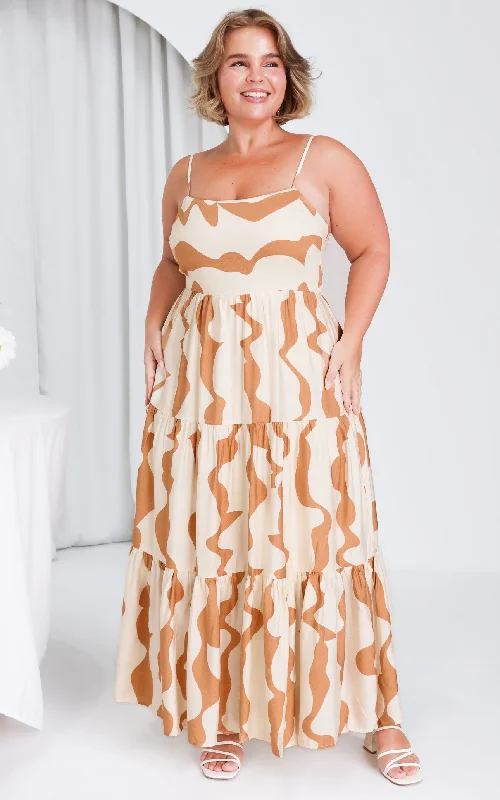 New Arrival Santos Maxi Dress - Brown Wave Print