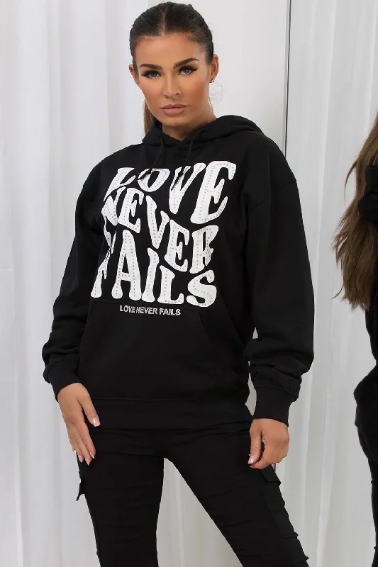 Great Bargains Oversized Hoodie With Love Never Fails Slogan Black