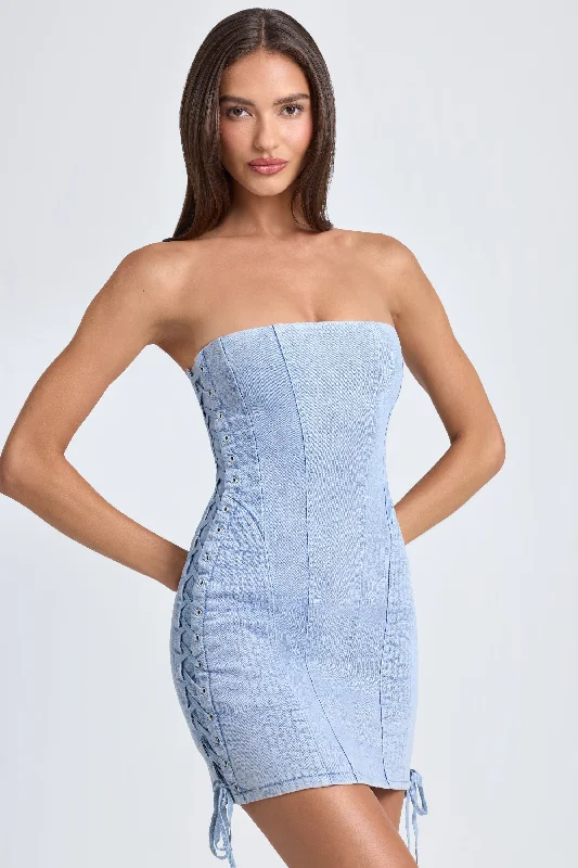 Reduced Prices Bandeau Lace-Up Mini Dress in Light Blue Stonewash