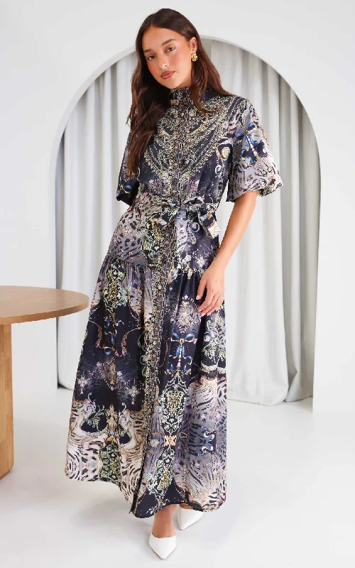Shop and Save Sahara Night Sky Short Sleeve Maxi Dress -  Black Multi Print