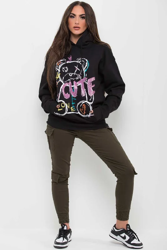 Special Price Black Oversized Hoodie With Teddy Bear Graphic Print