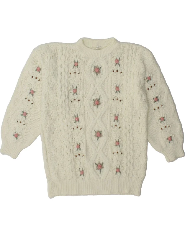Act Now VINTAGE Womens Crew Neck Jumper Sweater UK 14 Medium White Floral Acrylic