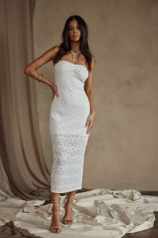 Exclusive Preview Reagan Strapless White Lace Midi Dress