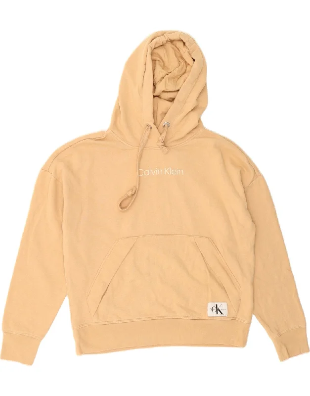 Factory Direct Sale CALVIN KLEIN JEANS Womens Graphic Hoodie Jumper UK 14 Medium Beige Cotton