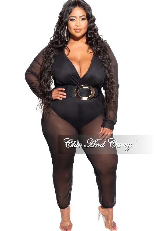 Final Clearance Final Sale Plus Size Sheer Mesh Deep V Jumpsuit in Black