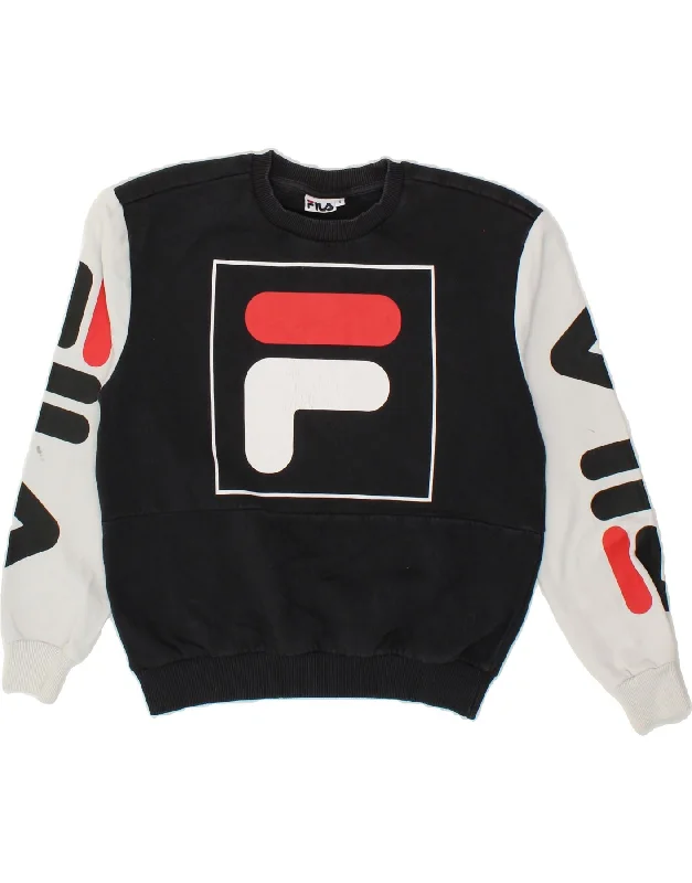 Weekend Flash Sale FILA Womens Graphic Sweatshirt Jumper UK 10 Small Black Colourblock Cotton