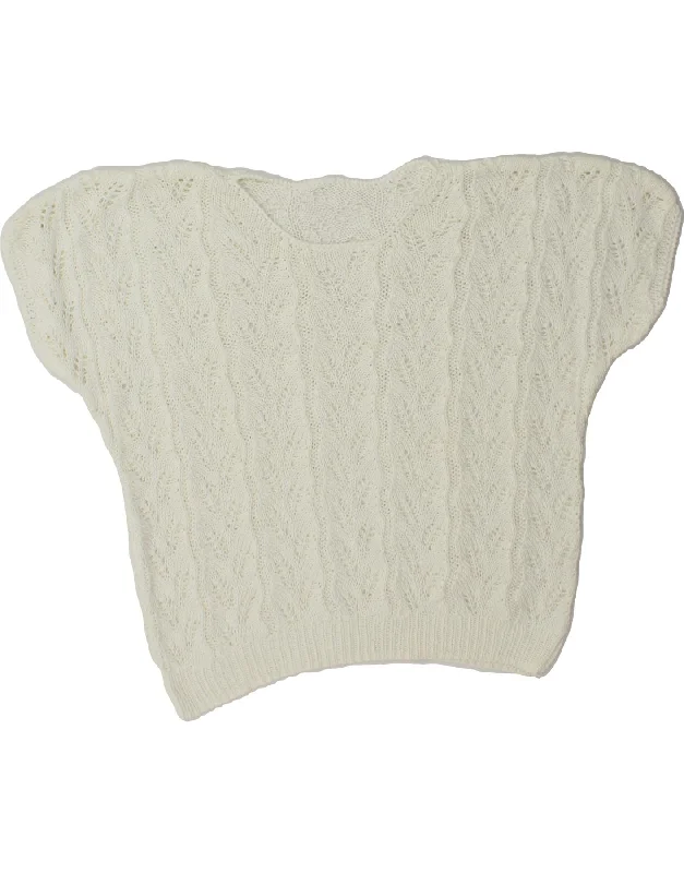 Flash Deals VINTAGE Womens Short Sleeve Boat Neck Jumper Sweater UK 14 Large White