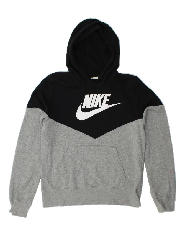 Steals and Deals NIKE Womens Graphic Hoodie Jumper UK 14 Medium Grey Colourblock